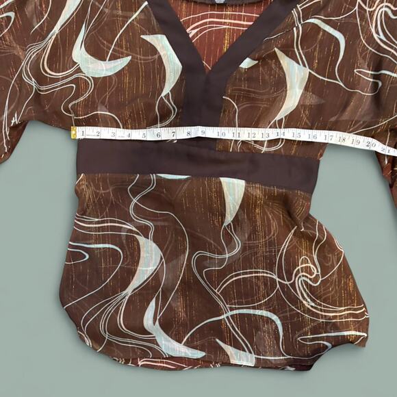 70s y2k retro brown and teal sheer top with tie back waist Elementz wmns sz med - Picture 5 of 7